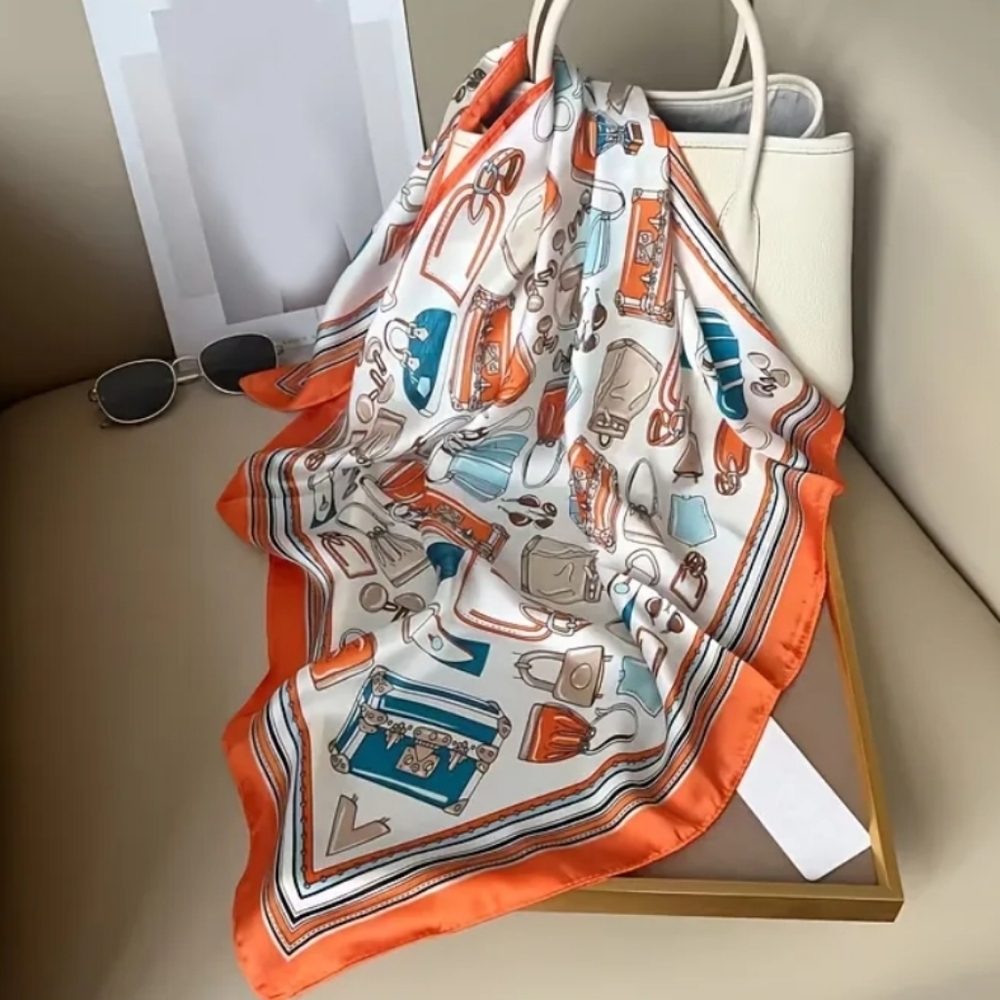 Silk Print Neck Scarf in Orange, Teal and Cream